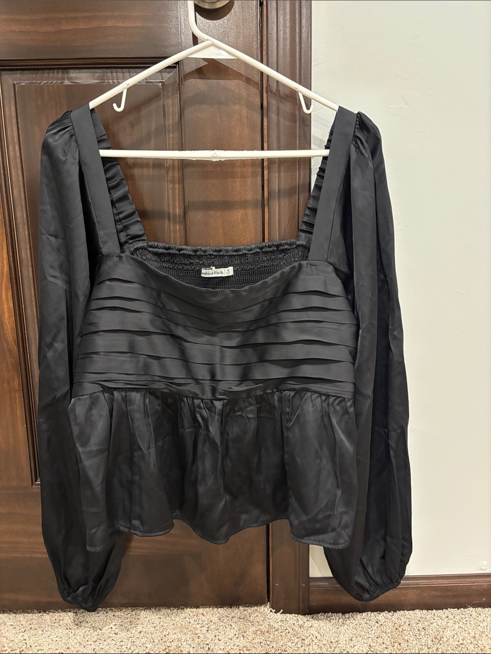 Black Satin Abercrombie & Fitch Long-Sleeve satin Peplum Top. Worn once